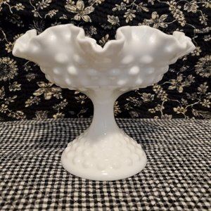 Fenton White Ruffled Hobnail Pedestal Compote